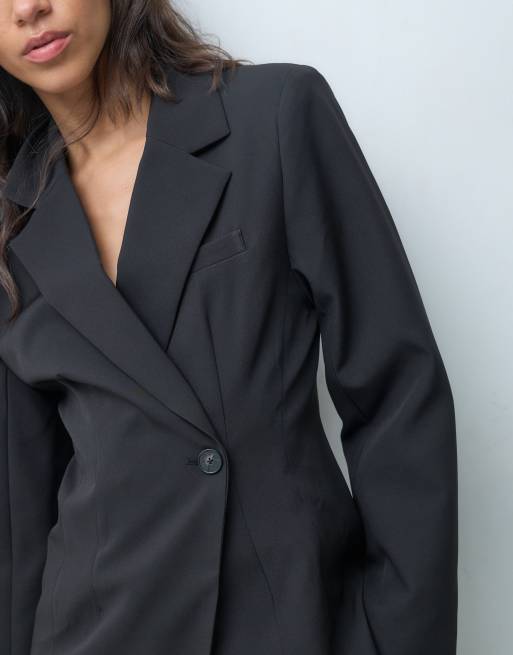 New Look cinched waist power shoulder blazer in black, 3 of 5
