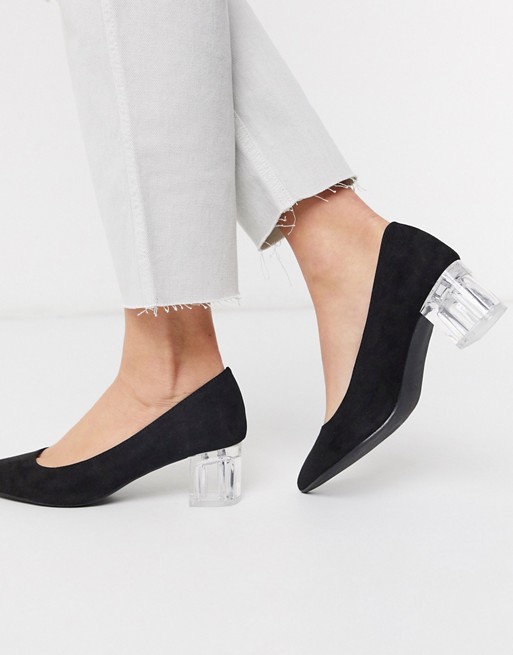 New Look clear low block heeled shoes in black
