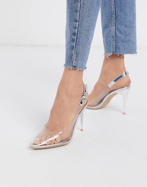 New Look clear sling back heeled shoes in silver