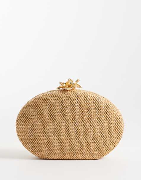 New Look – Clutch aus Bast in Steinbeige mit Blumenschnalle - view 1
