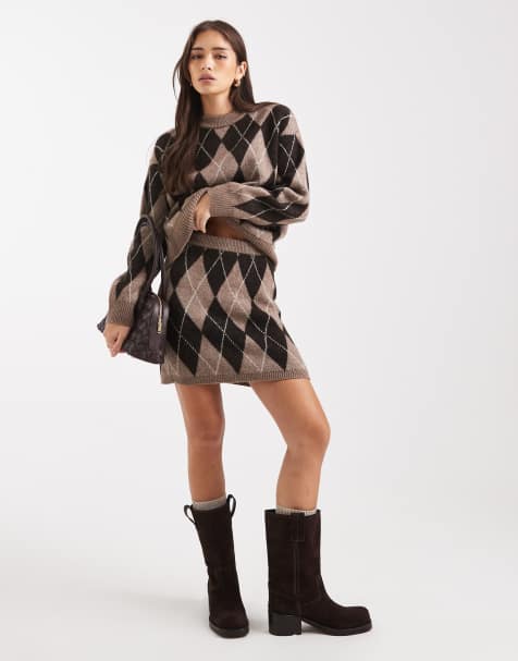 New Look co-ord argyle jumper & mini skirt in brown - view 1
