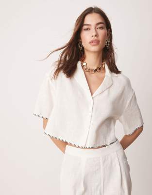 New Look New Look co-ord blanket stitch cropped shirt in cream-White