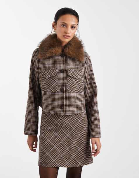New Look co-ord check boxy cropped jacket in brown
