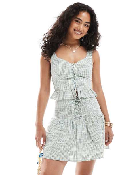 New Look co-ord check lace front cami top in green
