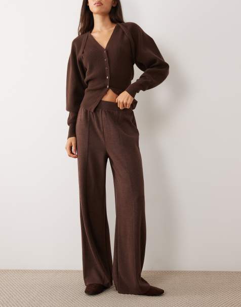 New Look co-ord con pantaloni lavorati a maglia a gamba larga in marrone scuro - view 1