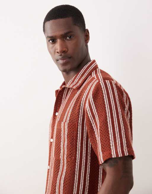 New Look co-ord crochet stripe shirt in rust, 4 of 5