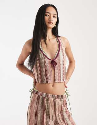New Look New Look co-ord crochet stripe waistcoat in pink