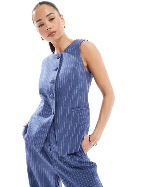 New Look co-ord denim look stripe waistcoat in blue - view 1