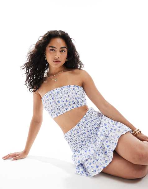 New Look co-ord ditsy shirred crop top in white and blue - view 1