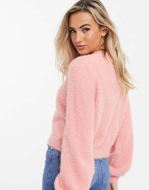 New Look co ord fluffy knitted button up cardigan in pink ASOS