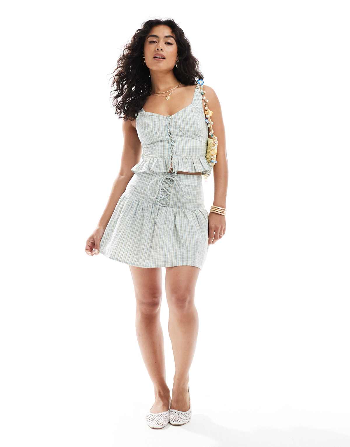 New Look co-ord gingham lattice mini skirt in green