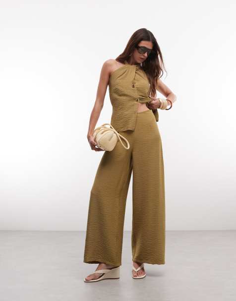 New Look co-ord halter neck top & wide leg trousers in khaki - view 1