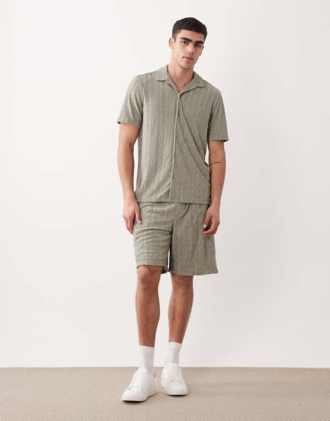 New Look co-ord jacquard shirt and shorts in light khaki - view 1