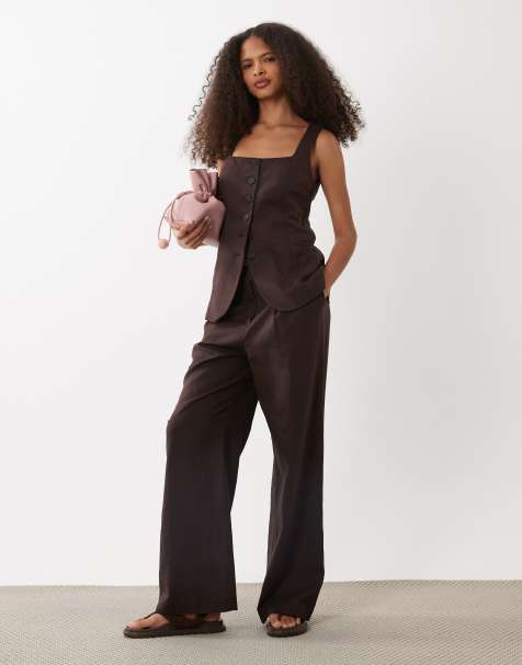 New Look co-ord linen blend tailored wide leg trousers in brown