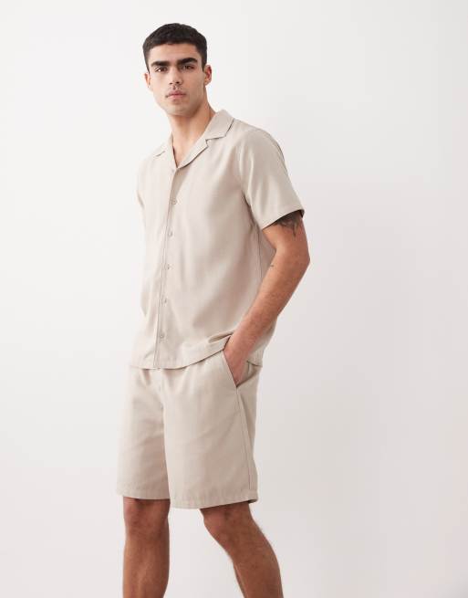 New Look co-ord linen look pull on shorts in stone, 3 of 5