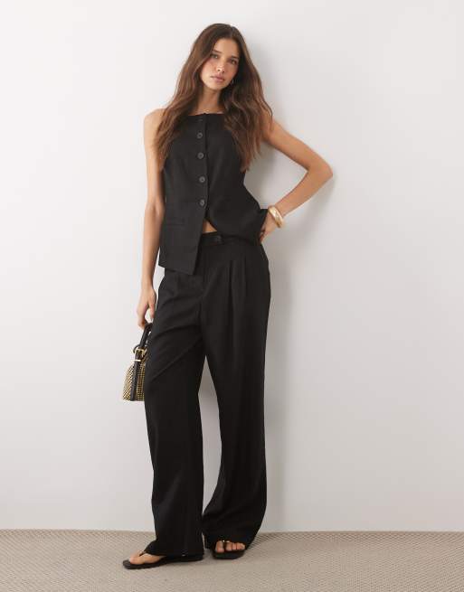 New Look co-ord linen blend wrap skort, trousers & waistcoat in black, 4 of 4