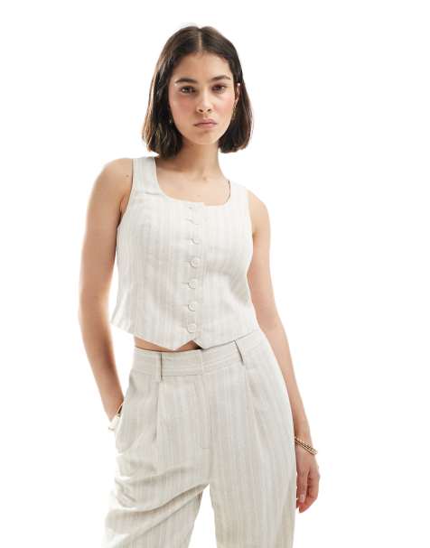 New Look co-ord linen stripe scoop neck waistcoat in cream - view 1