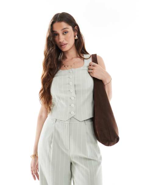 New Look co-ord linen stripe scoop neck waistcoat in green - view 1