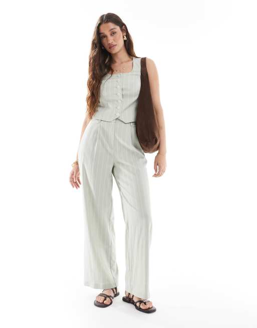 New Look co-ord linen stripe scoop neck waistcoat in green, 2 of 4