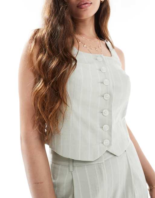 New Look co-ord linen stripe scoop neck waistcoat in green, 3 of 4