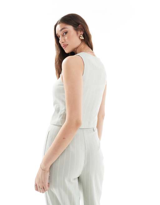 New Look co-ord linen stripe scoop neck waistcoat in green, 4 of 4