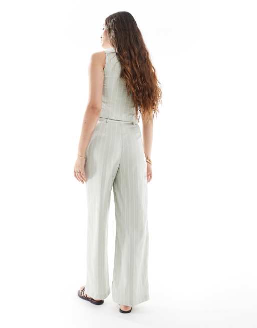 New Look co-ord linen wide leg stripe trousers in green, 2 of 5