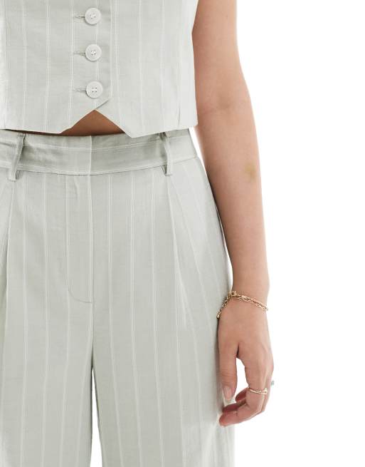 New Look co-ord linen wide leg stripe trousers in green, 4 of 5