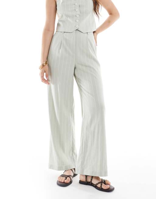 New Look co-ord linen wide leg stripe trousers in green, 5 of 5