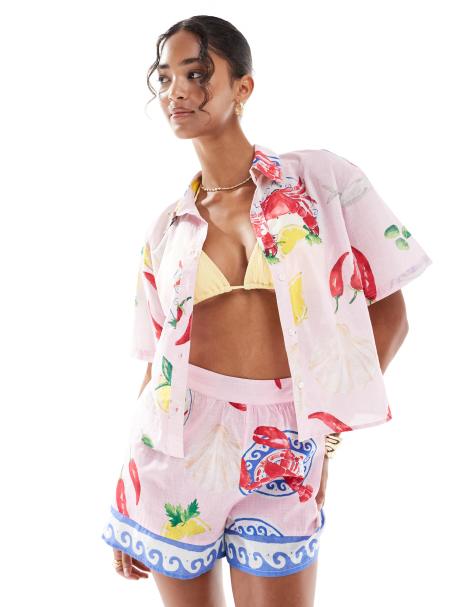 New Look co-ord lobster print shirt in pink - view 1