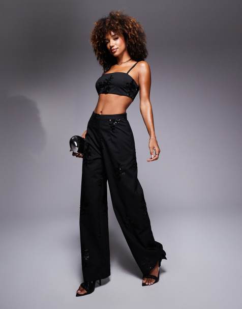 New Look co-ord pinstripe sequin wide leg trousers in black - view 1