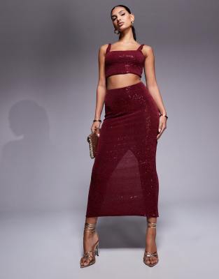 New Look co-ord sequin midi skirt in burgundy-Red