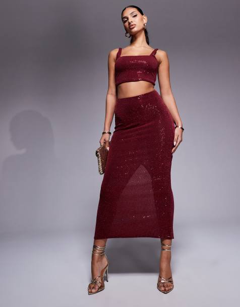 New Look co-ord sequin midi skirt in burgundy - view 1
