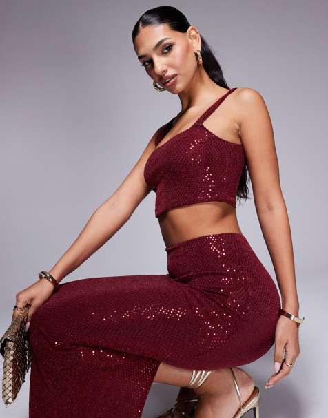 New Look co-ord sequin square neck crop top in burgundy