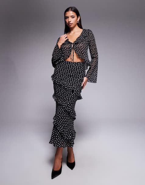 New Look - Co-ord set van chiffon met top met ruches en midirok in zwart met stippen - view 1