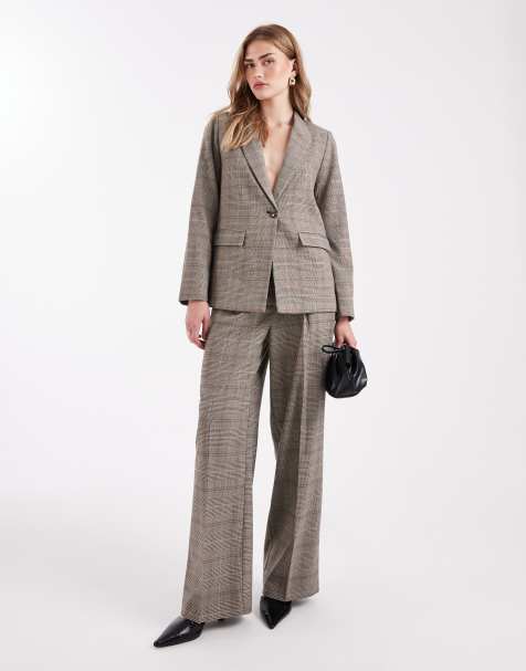 New Look - Co-ord set van geruite blazer en broek met wijde pijpen in bruin - view 1