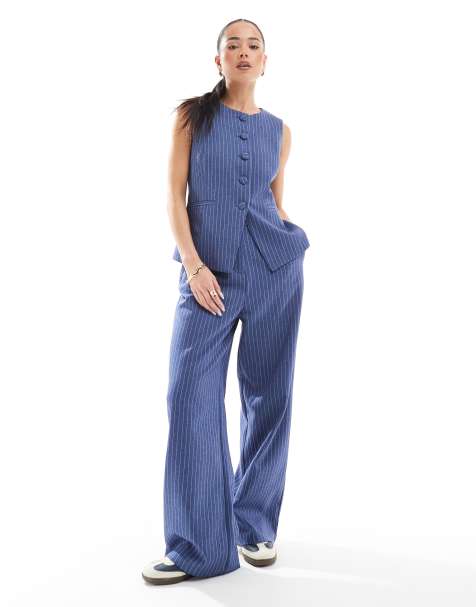 New Look - Co-ord set van gestreept gilet en broek met denimlook in blauw - view 1