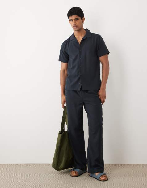New Look - Co-ord set van overhemd met linnenlook en reverskraag en broek met wijde pijpen in marineblauw - view 1