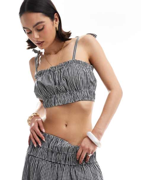 New Look co-ord shirred crop cami in black gingham - view 1
