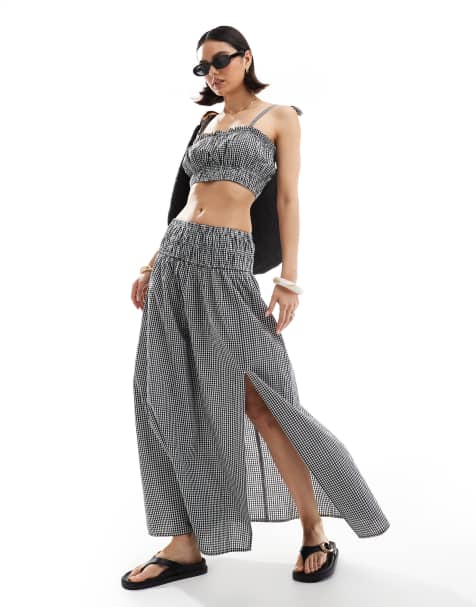 New Look co-ord shirred midi skirt in black gingham - view 1