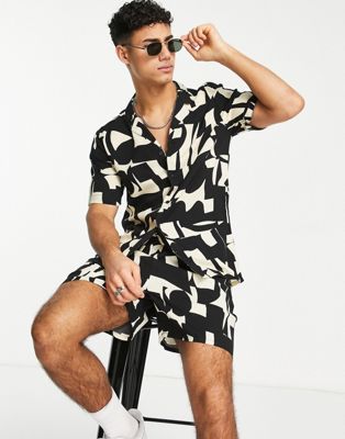 New Look co-ord shirt with mono abstract print in black