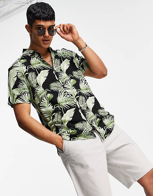 New Look co-ord short sleeve tropical print shirt in black