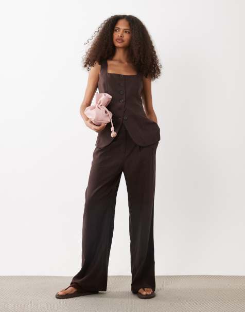 New Look co-ord strappy waistcoat and trousers in dark brown - view 1