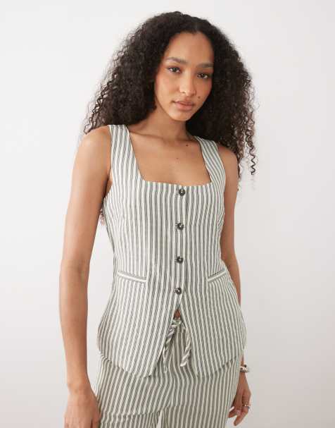New Look co-ord stripe button down waistcoat in cream - view 1