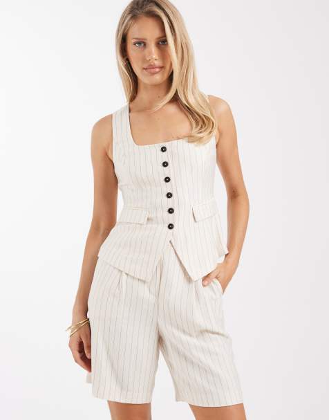 New Look co-ord stripe squareneck waistcoat in cream - view 1