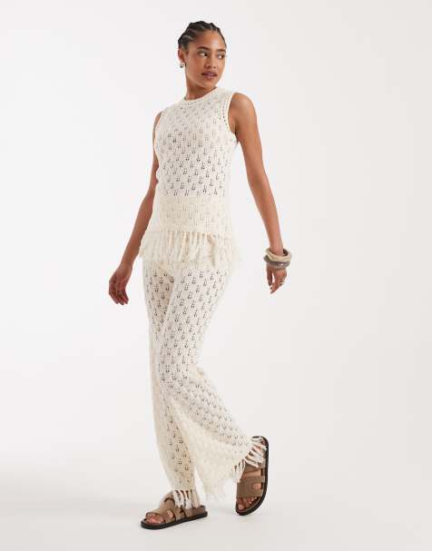 New Look co-ord tassle hem knitted trousers in cream