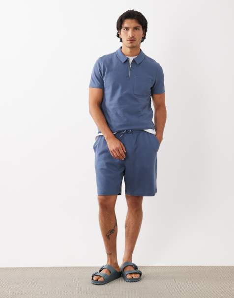 New Look co-ord textured zip polo t-shirt and shorts in dark blue - view 1