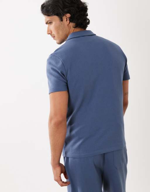 New Look co-ord textured zip polo t-shirt in dark blue, 3 of 5