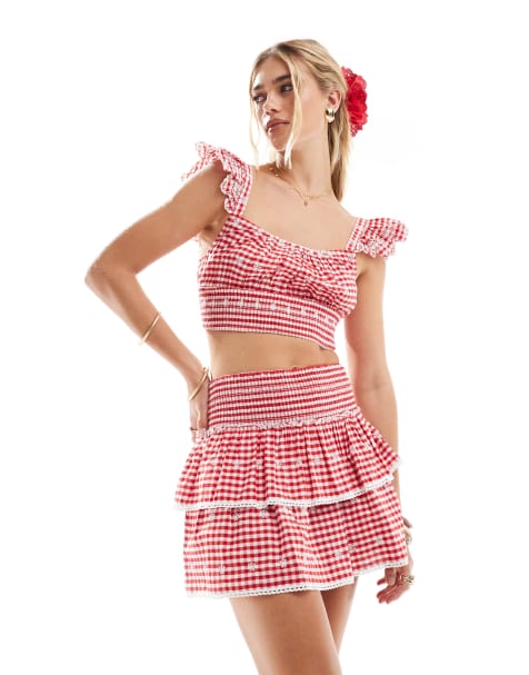 New Look co-ord tiered gingham mini skirt in red