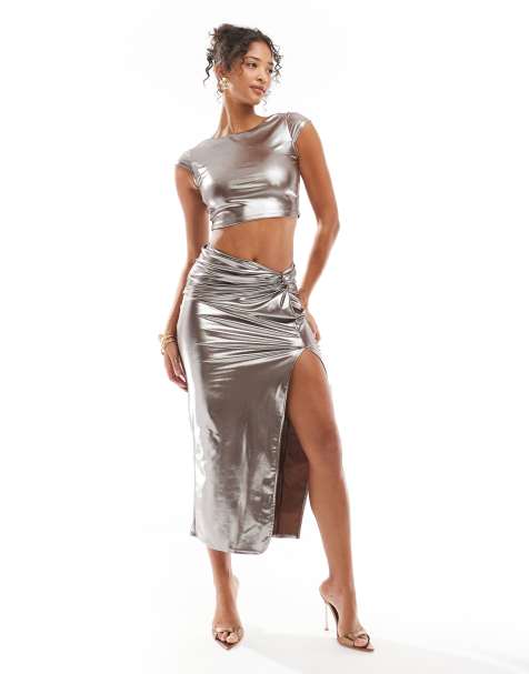 New Look co-ord twist front midi skirt in pewter foil - view 1