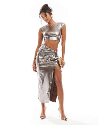 New Look co-ord twist front midi skirt in pewter foil-Silver